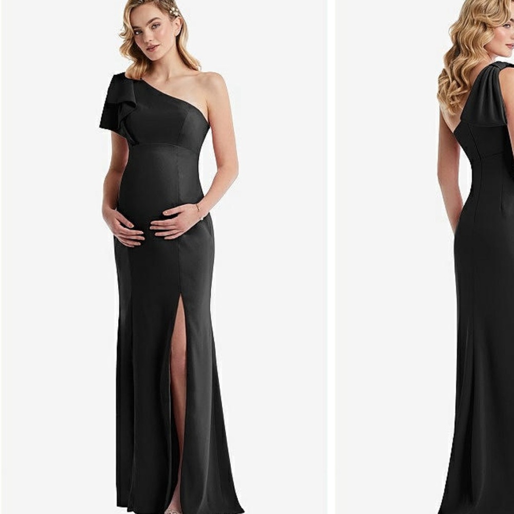 DESSY GROUP ONE-SHOULDER RUFFLE SLEEVE MATERNITY TRUMPET GOWN IN BLACK